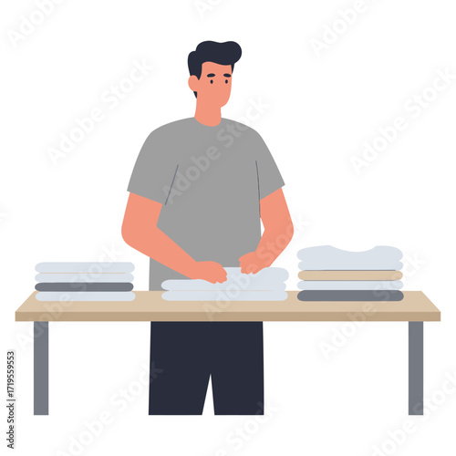 Vector art of man folding laundry on a table