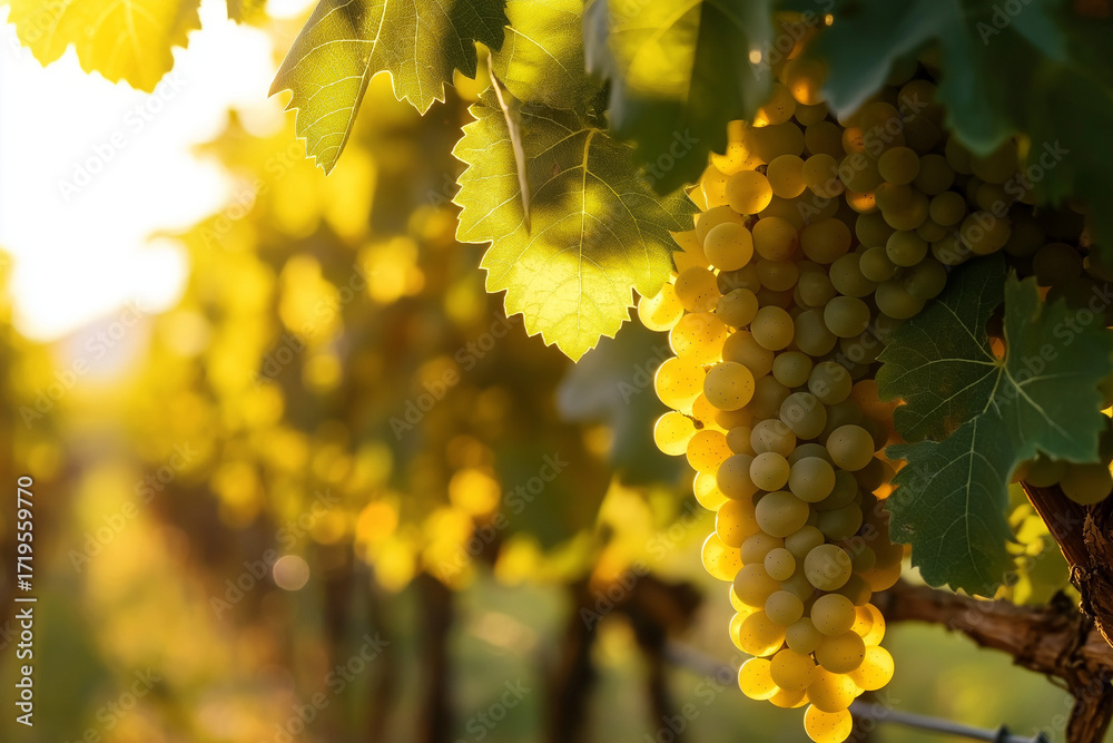 Fototapeta premium Golden grapes on vine in sunlit vineyard