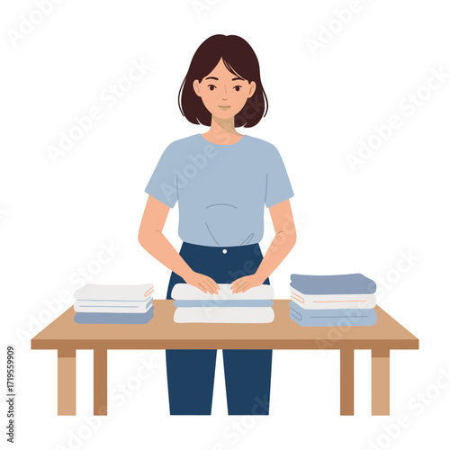 Vector art of woman folding clothes on a table
