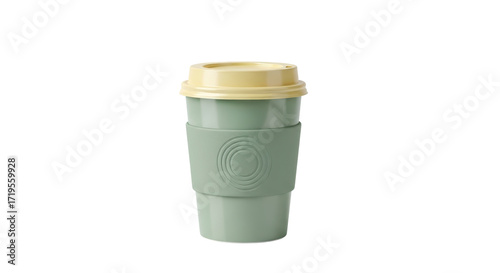 Isolated green reusable coffee cup with beige lid, eco friendly travel mug on clean background
