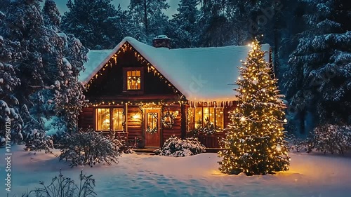 Cozy winter cabin with Christmas tree in snowy forest