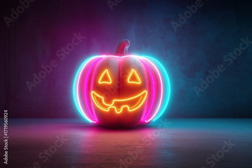 Brightly lit Halloween pumpkin with neon lights set in a dark background, showcasing a spooky face design and vibrant colors