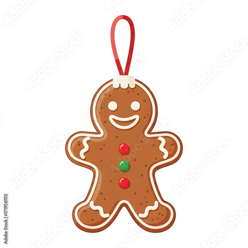 Christmas gingerbread man ornament with red and green candy buttons and white icing
