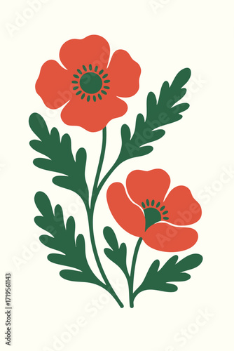 Minimalist illustration of red poppy flowers on beige background.