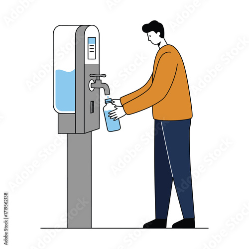 Vector art of man filling a water bottle from a water dispenser