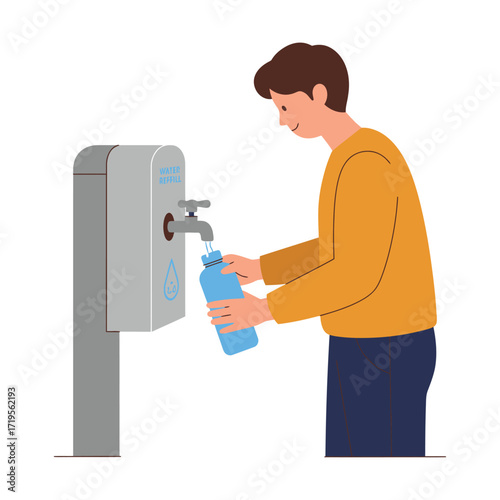 Vector art of young man filling a reusable water bottle at a public water dispenser