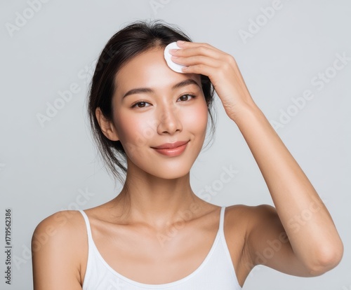 Wallpaper Mural A woman gently cleanses her face with a cotton pad, showcasing smooth, healthy skin against a neutral backdrop. Torontodigital.ca