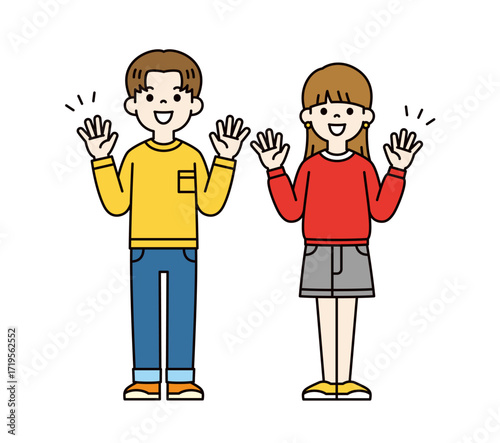 サプライズにびっくりする、若い男性と女性の全身ベクターイラスト素材＿カラー