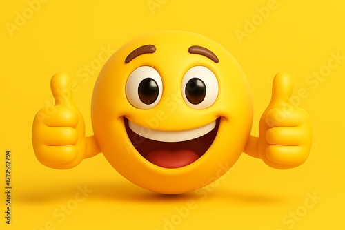 Cheerful thumbs up emoji smiley face character symbolizing positivity success emotion happiness fun digital artwork lifestyle social interaction and colorful 3d render communication concept