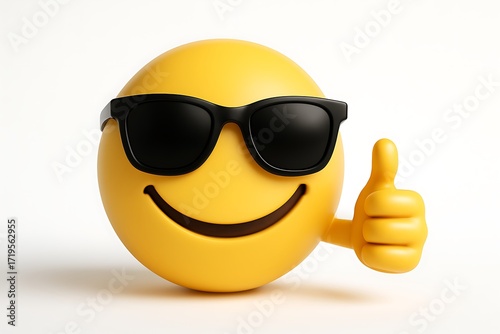 Yellow 3d smiling emoji face character with black sunglasses showing thumbs up gesture symbolizing fun lifestyle happiness positivity entertainment cartoon concept digital communication