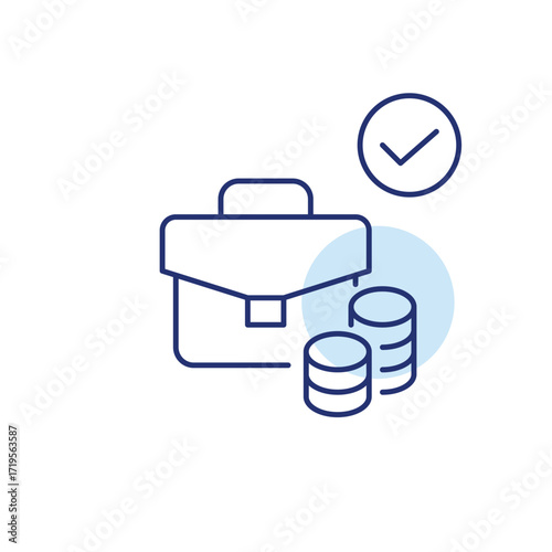 Briefcase, coins stack and checkmark. Approved deal, growth and finances. Pixel perfect, editable stroke vector icon