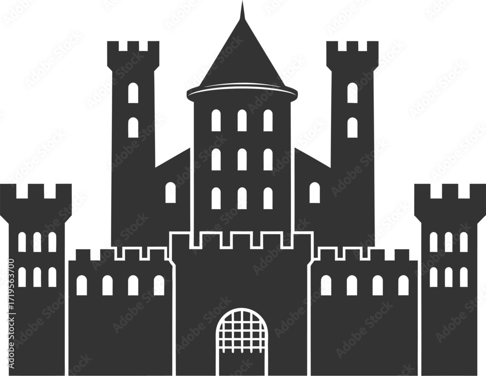 Fototapeta premium Medieval Castle Silhouette Icon with Towers and Gate Illustration