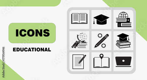Education and Learning Icon Set with Books Graduation Cap Globe Pencil Laptop and Writing Symbols