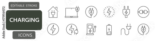 Charging devices and electricity editable stroke icons including battery, power plug, socket, cable, energy bolt, adapter, and electric vehicle charger