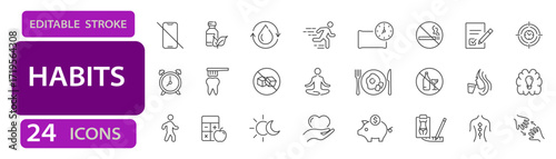 Habits and healthy lifestyle editable stroke icons including morning routine, fitness, meditation, dental care, diet, goal tracking, sleep, no smoking, and water drinking. Outline vector