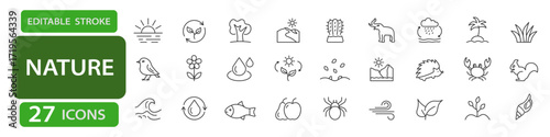 Nature and environment editable stroke icons including sun, tree, flower, drop, animal, mountain, wave, wind, fruit, and insect. Vector