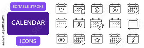 Calendar and schedule editable stroke icons including planner, reminder, task, notification, deadline, date, event, and edit