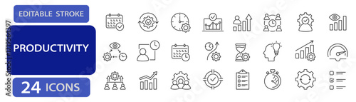 Productivity and time management editable stroke icons including tasks, schedule, performance, goals, stopwatch, teamwork, analytics, and planning