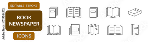 Books and newspapers editable stroke icons including open book, closed book, stacked books, magazines, and press articles