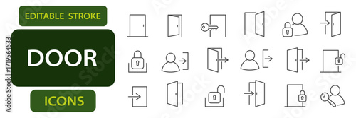 Door and access editable stroke icons including open door, closed door, key, lock, user access, exit, and security lock
