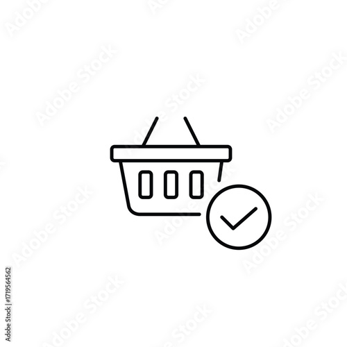 Shopping basket and checkmark. Successful purchase, order approved. Pixel perfect, editable stroke vector icon