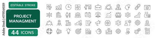 Project management editable stroke icons including teamwork, tasks, planning, charts, deadlines, analytics, calendar, growth, and time tracking