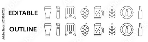 Beer brewing editable stroke icons including beer glass, bottle cap, hop cone, barley, beer mug, bottle opener, and brewery tank