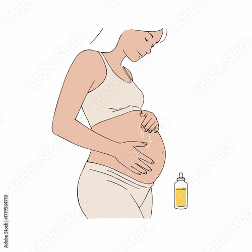 Pregnant woman rubbing belly with oil in simple line art style  