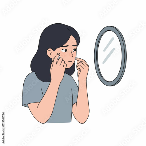 Teen girl examining skin and picking at blemishes in mirror  