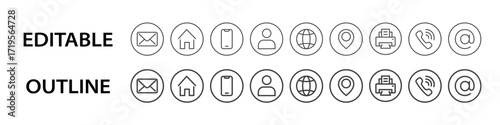 Contact round editable stroke icons including phone, email, address, user, printer, location, globe, and at symbol. Outline vector set for UI, web, and mobile design