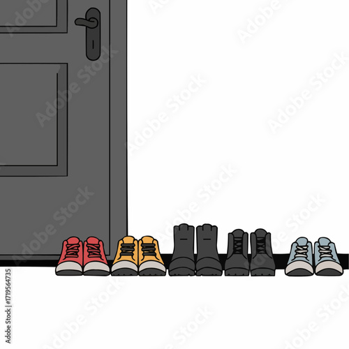Shoes lined up neatly by front door in colorful design  