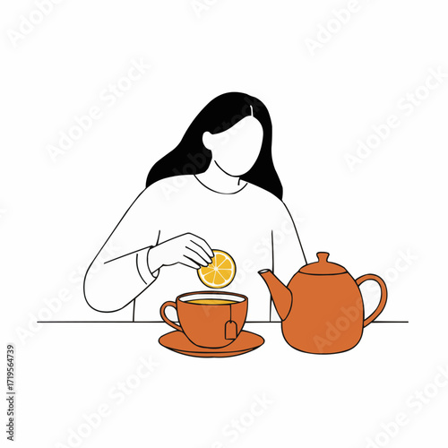 Woman adding lemon slice to teacup while preparing tea at home  