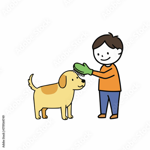 Child brushing dog with glove and smiling in a playful manner  