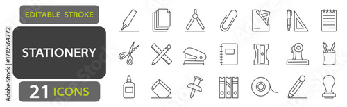Stationery editable stroke icons including highlighter, paper, compass, clip, scissors, ruler, stapler, notebook, sharpener, glue, tape, and pencil