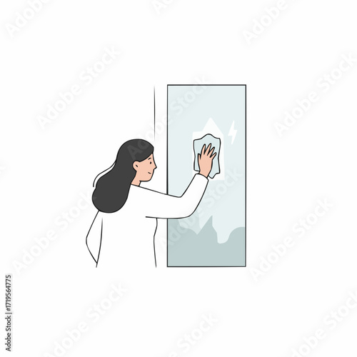 Woman cleaning foggy glass window with cloth indoors  