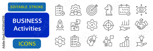 Business activities editable stroke icons including checklist, teamwork, target, strategy, calendar, graph, puzzle, idea, success, and handshake