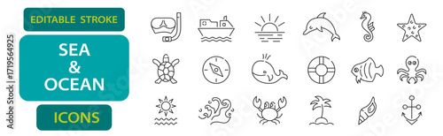 Sea and ocean editable stroke icons including fish, turtle, dolphin, wave, starfish, shell, anchor, crab, seahorse, and lifebuoy