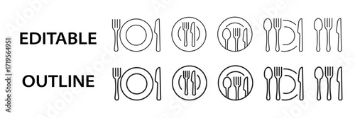 Tableware editable stroke icons including plates, cutlery, forks, knives, spoons, and dining arrangements. Outline vector set for kitchen, restaurant, and food service UI design