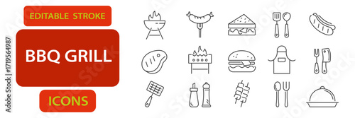 BBQ grill editable stroke icons including sausages, steak, grill, burger, apron, meat fork, kebab, and kitchen utensils