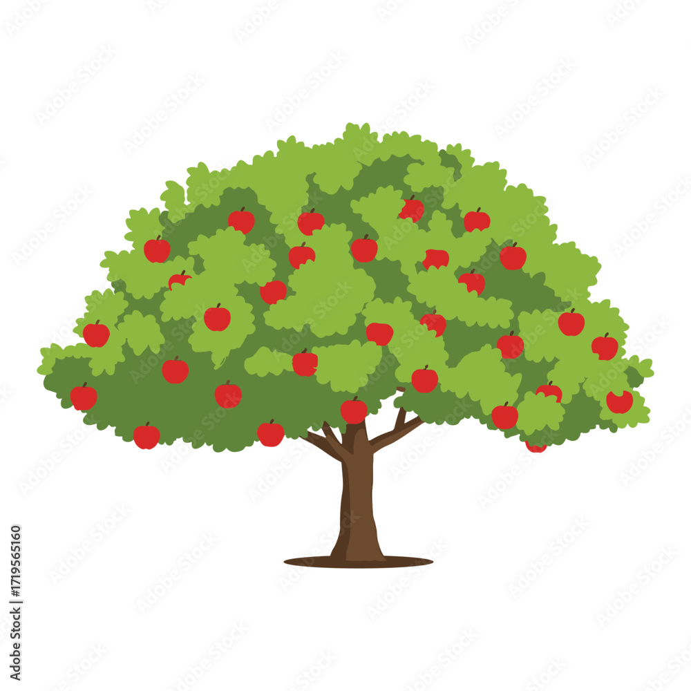Fototapeta premium A beautiful, lush apple tree filled with ripe red apples, representing a healthy orchard and the autumn harvest season. vector illustration