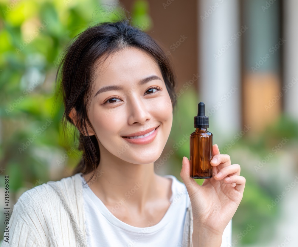Fototapeta premium A young woman with a joyful expression holds a brown glass bottle, showcasing a natural skincare product against a backdrop of lush greenery.