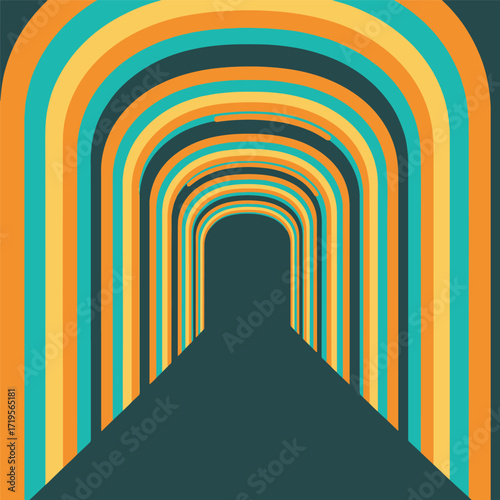 A psychedelic journey down an endless arched tunnel, with a vibrant rainbow of retro 70s colors creating an optical illusion. vector illustration