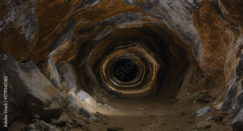 Dark Cave Tunnel, Mysterious Underground Passage, Rock Formation, Brown and Grey Stones, Spiral Tunnel, Deep Dark Hole, Mysterious Entrance, Inner Earth, Subterranean, Geological Formation, Earth