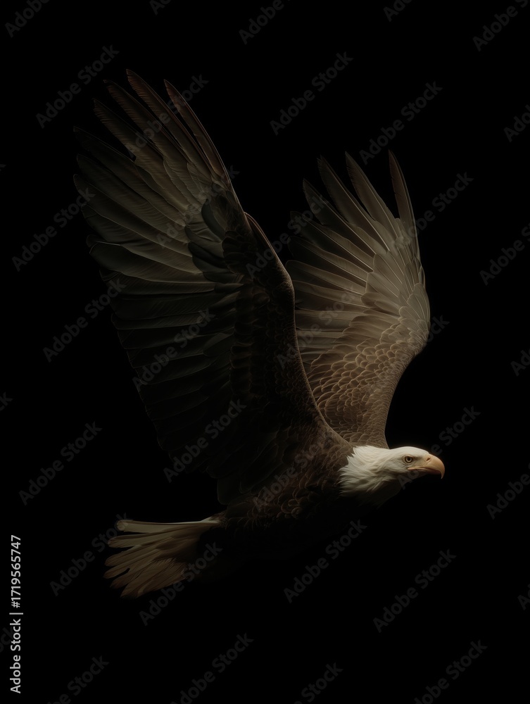 Obraz premium Majestic Bald Eagle Soaring in Dark Background, Wings Spread Wide, Symbol of Freedom and Power, Wildlife Photography, Bird of Prey, American Icon