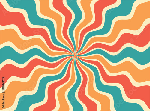 A bright and cheerful retro sunburst background with groovy, wavy rays in a vibrant 70s color palette for a fun design. vector illustration