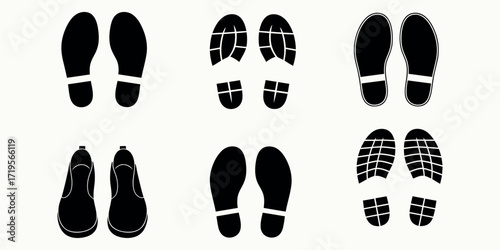 Six pairs of black human and shoe footprint silhouettes isolated on color background