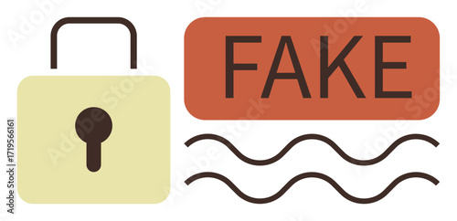 Padlock symbol alongside a bold Fake label with wavy lines denoting security, authenticity, and misinformation. Ideal for online protection, trust, data safety, fake news, disinformation, fraud