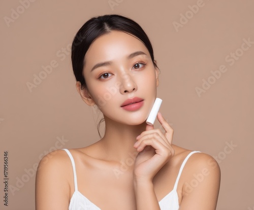 A captivating portrait of a woman with flawless skin and a delicate, light makeup look, holding a white lip balm against a neutral beige backdrop.