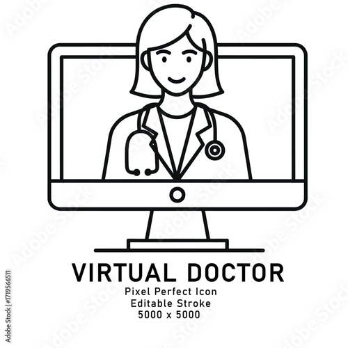 Line art icon of a female virtual doctor isolated on white background