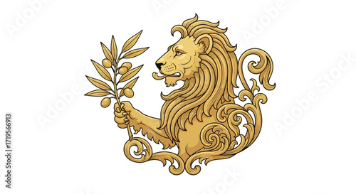Golden Lion with Olive Branch Elegant Symbol with Decorative Ornate Elements